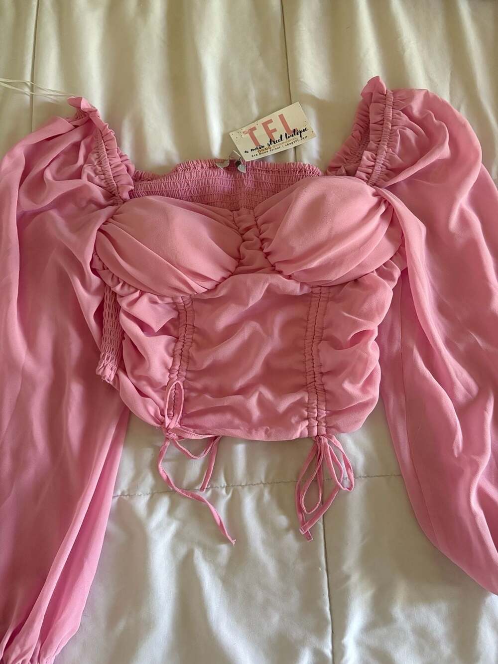 Love Tree Cinched Heart Pink Long Sleeve Off Shoulder Crop Blouse